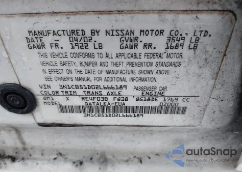 2002 Nissan Sentra Gxe from USA, damaged, VIN 3N1CB51D02L666189